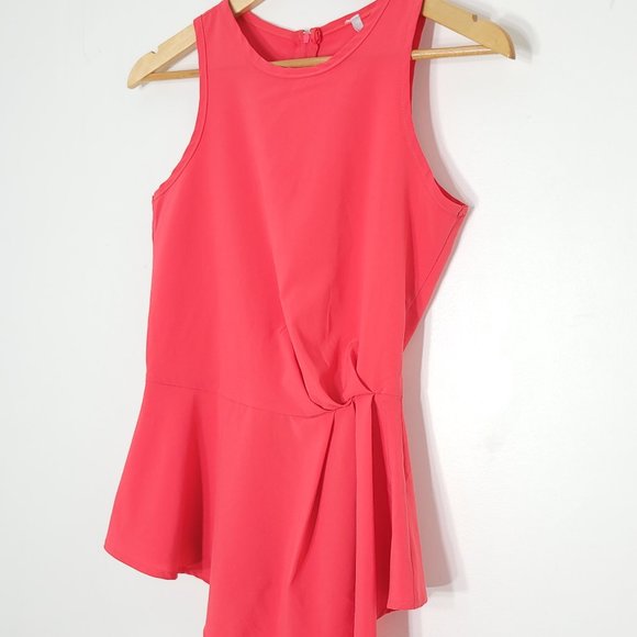 New Town Women Orange Coral Sleeveless Back Zipper Asymmetric Faux Wrap Tank Top - Picture 2 of 9